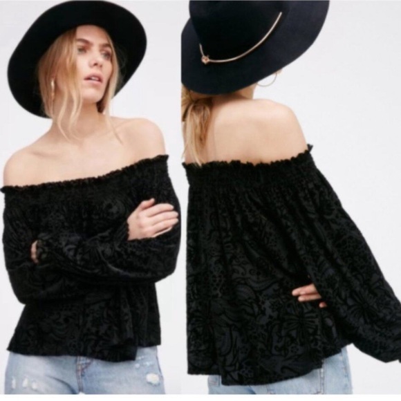 Free People Tops - Free people A little twist velvet off the shoulder black top size XS witchy goth